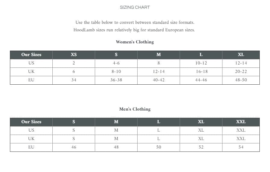 sizing chart hoodlamb